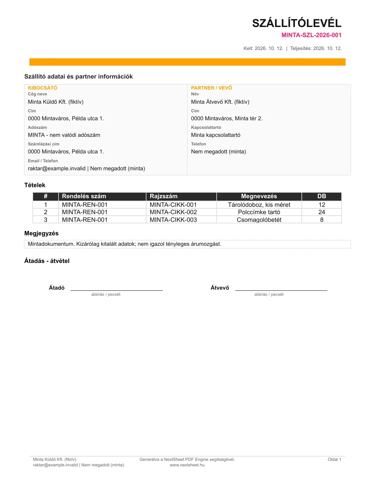 NextSheet szállítólevél három tétellel, kitalált küldő- és partneradatokkal
