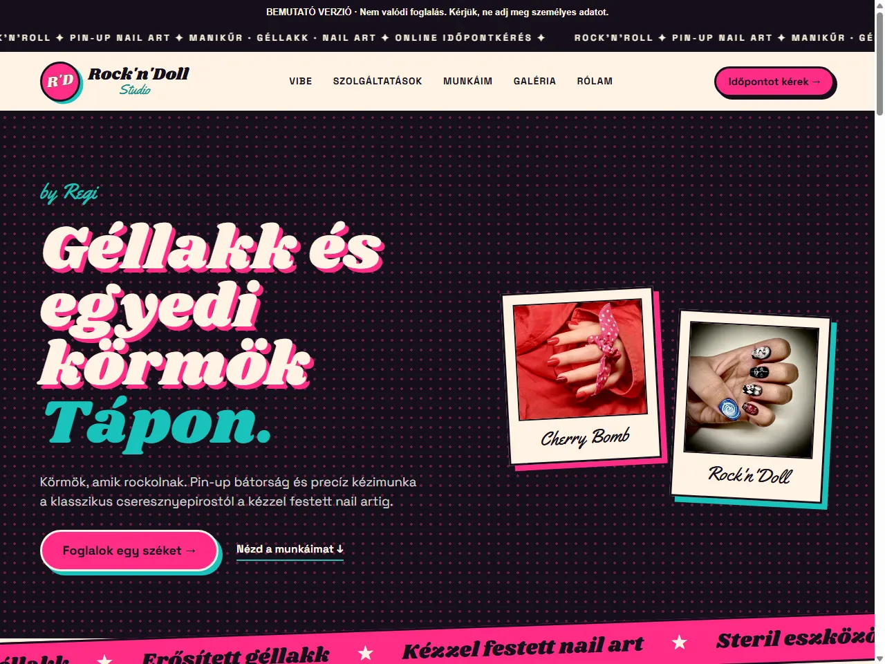 A Rock’n’Doll Studio bemutatkozó oldala asztali nézetben: saját arculat, körömfotók és időpontkérő gomb.