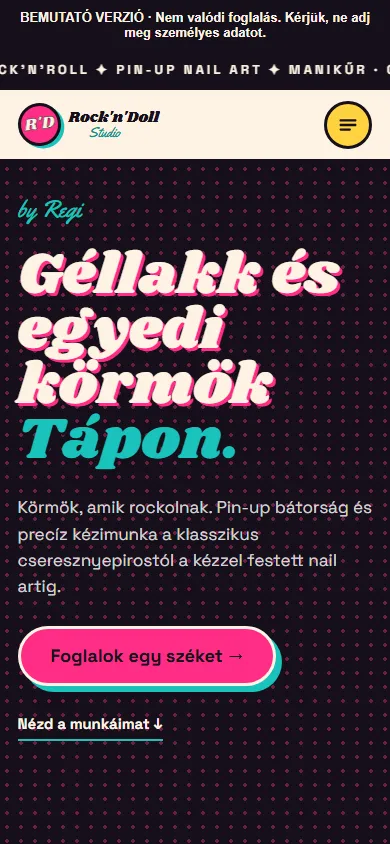 Ugyanez az oldal telefonon, jól elérhető időpontkérő gombbal.