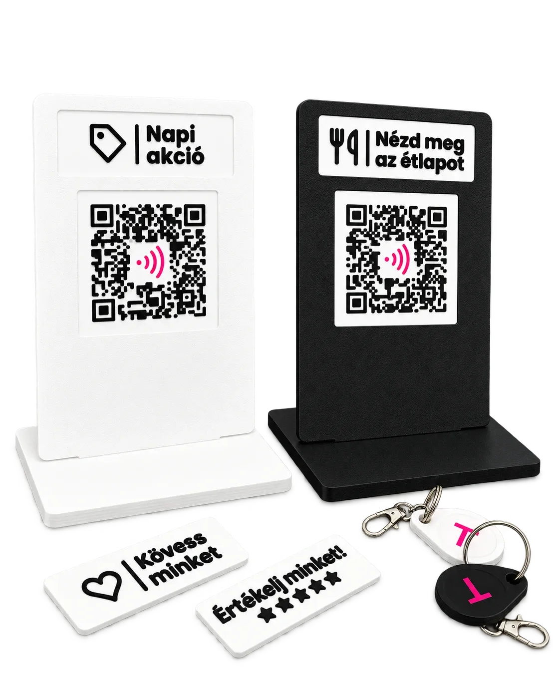 Fehér és fekete TapDock asztali NFC- és QR-eszközök, feliratbetétek és kulcstartók